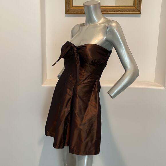 Vintage Rhys Dwfen Chic Little Devil Strapless Bow Front Mini Dress Brown Size 6 - Picture 3 of 9